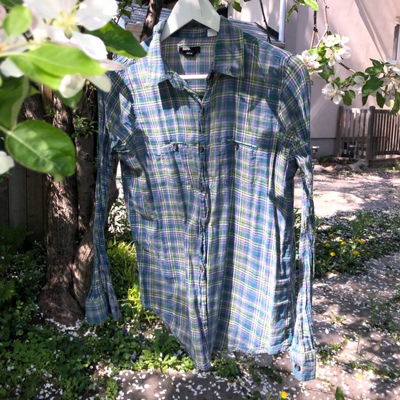 Semi-sheer plaid shirt from Urban Outfitters. Light and airy, cool and pretty! - Picture 2 of 3